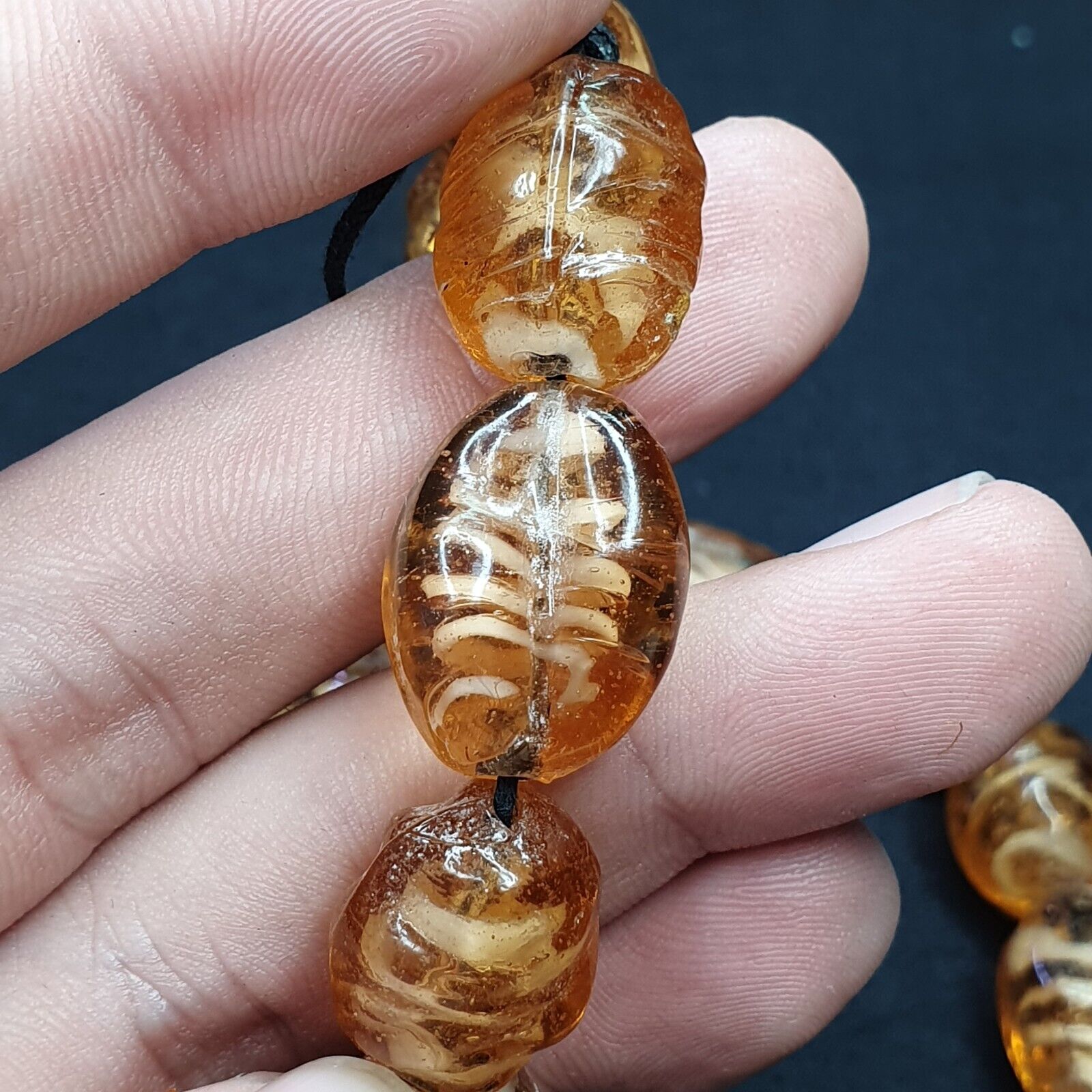 Vintage glass beads Honey Amber fancy Glass trade Beads Strand