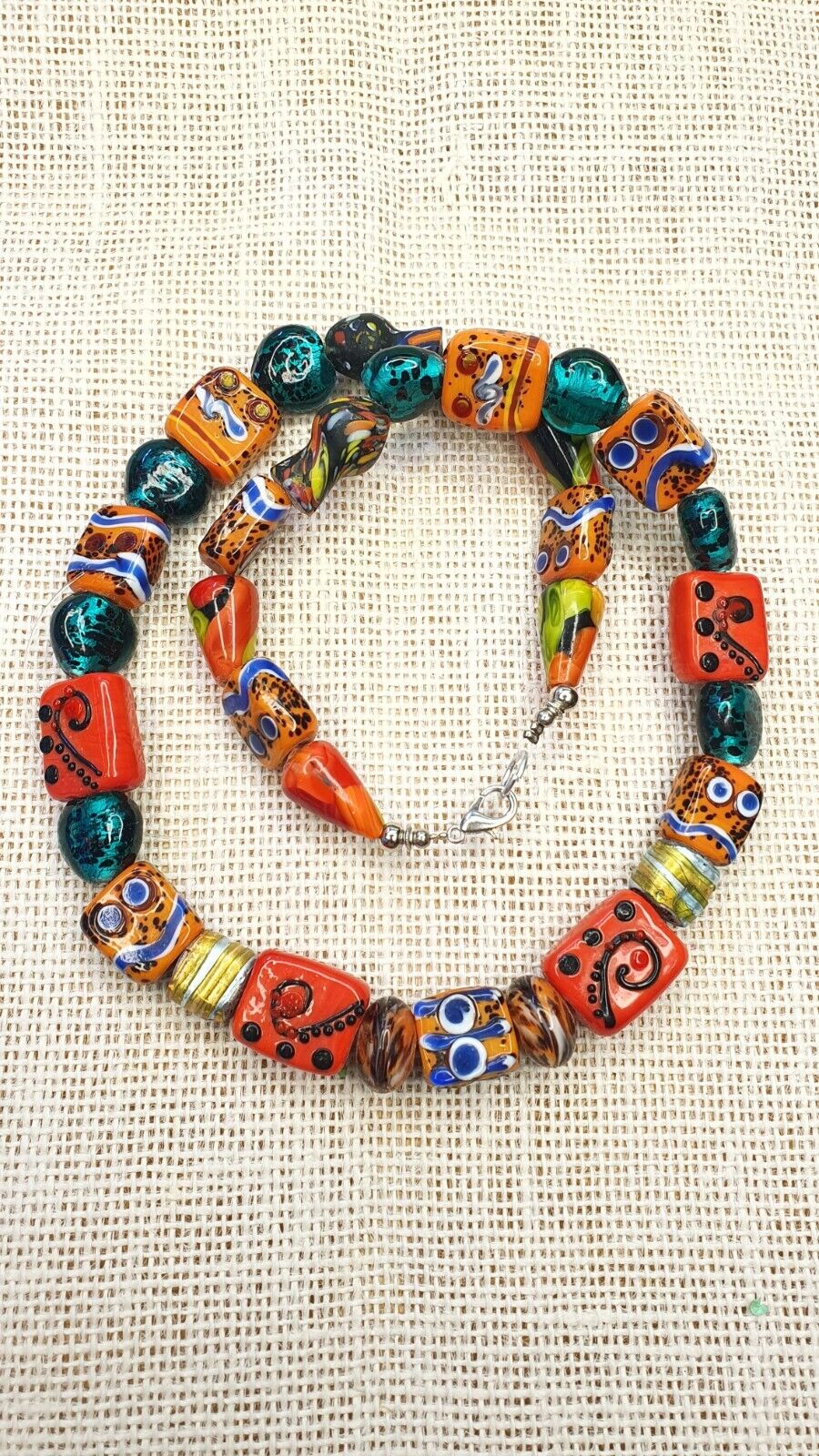 Vintage tschechische Halskette ausgefallene gestreifte GLASKUNST mit lampenbearbeiteten Glasperlen