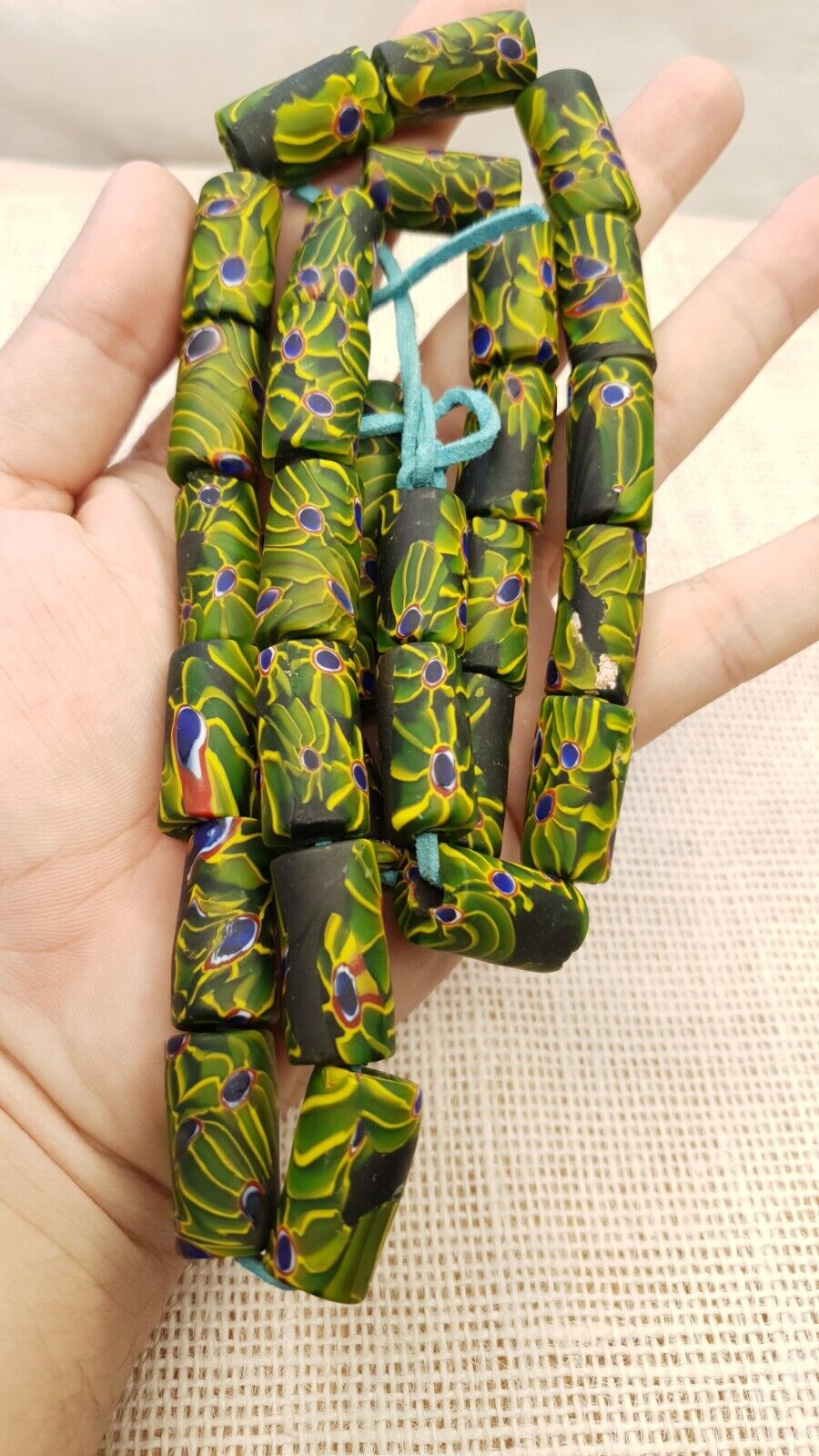 African Trade beads Vintage  old glass black green eye fancy beads