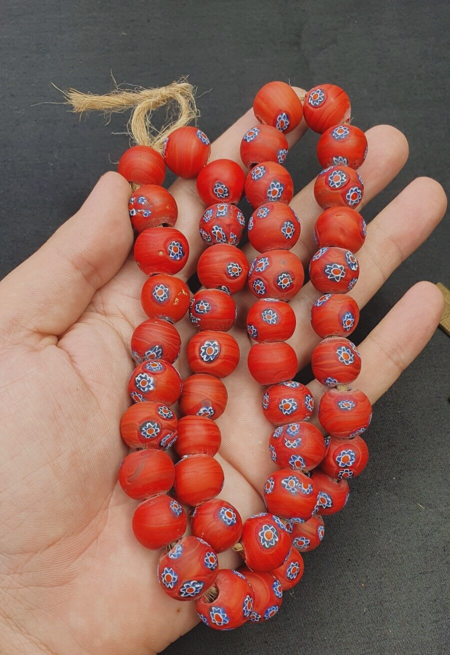 復古花紅色玻璃珠 Mura 串珠項鍊 VTG