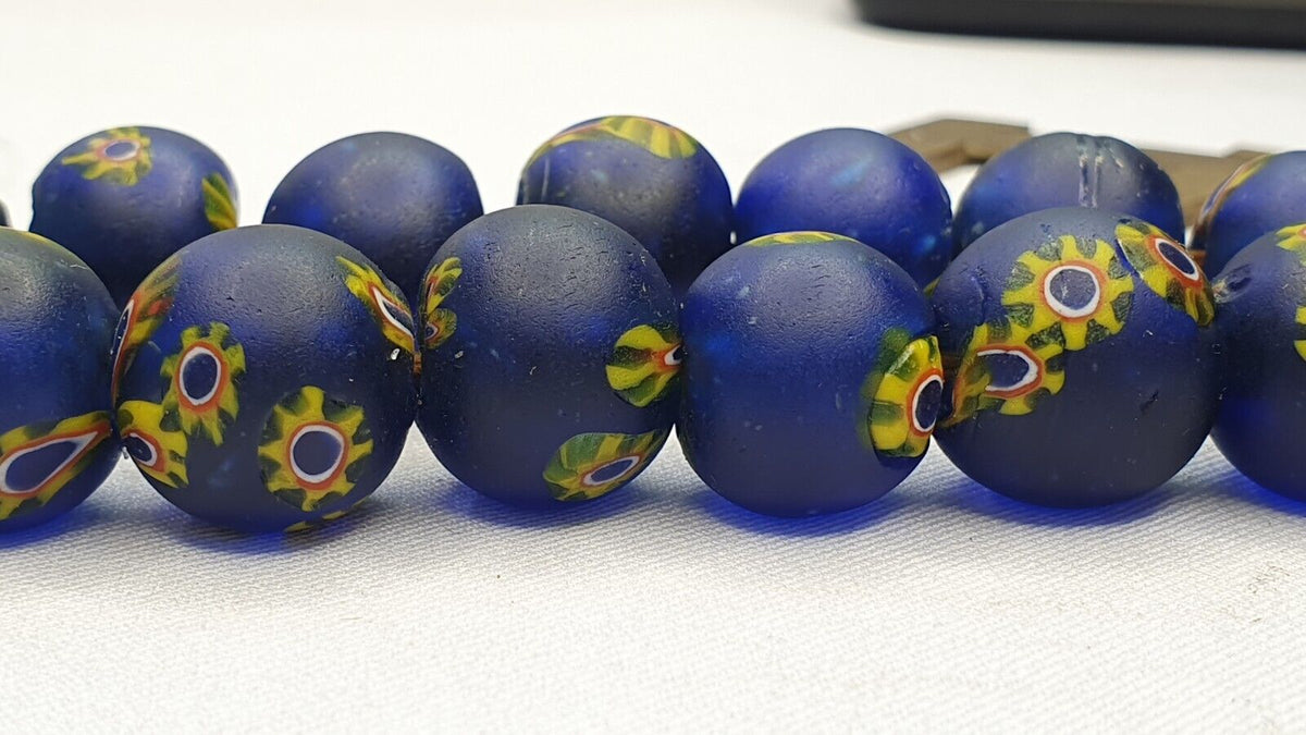 Vintage Antique Blue cobalt yellow flowers African trade Glass Beads Necklace