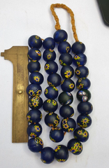 Vintage Antique Blue cobalt yellow flowers African trade Glass Beads Necklace