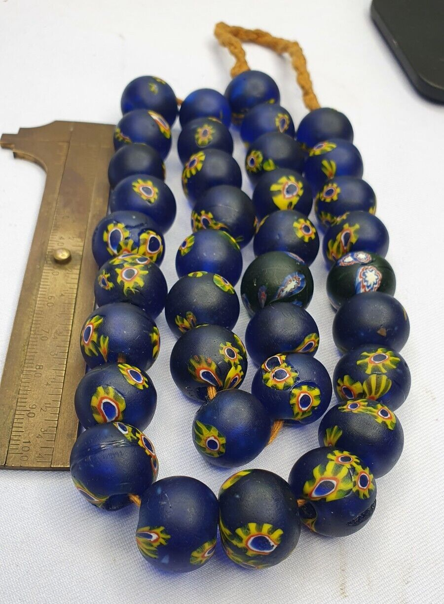 復古古董藍色鈷黃色花朵非洲貿易玻璃珠項鍊
