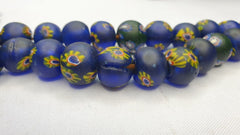 Vintage Antique Blue cobalt yellow flowers African trade Glass Beads Necklace