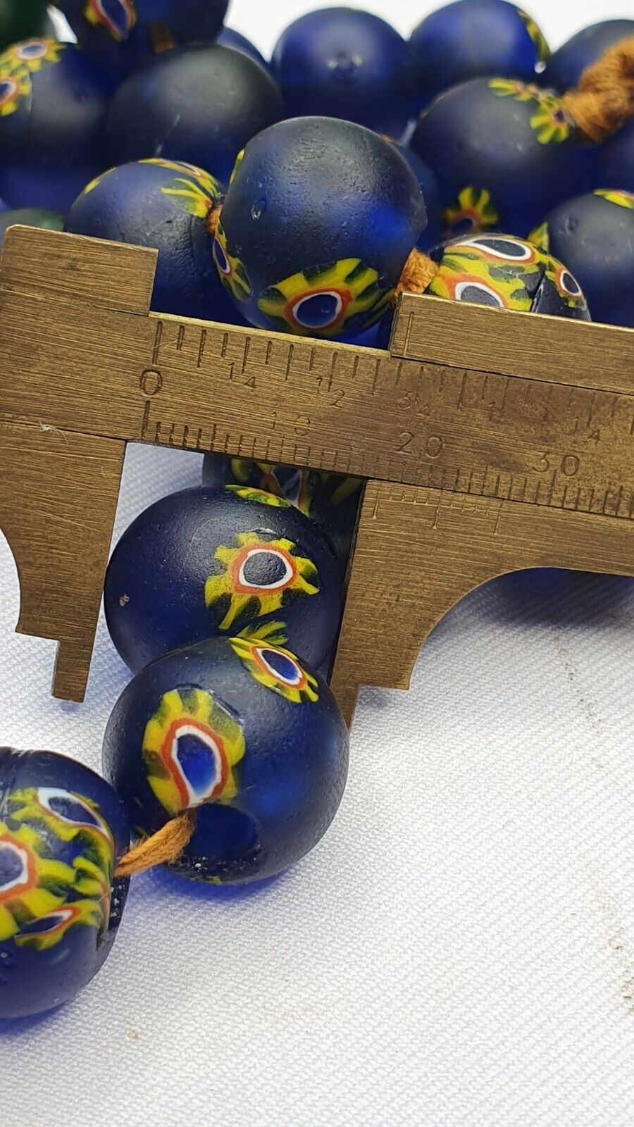 Vintage Antique Blue cobalt yellow flowers African trade Glass Beads Necklace