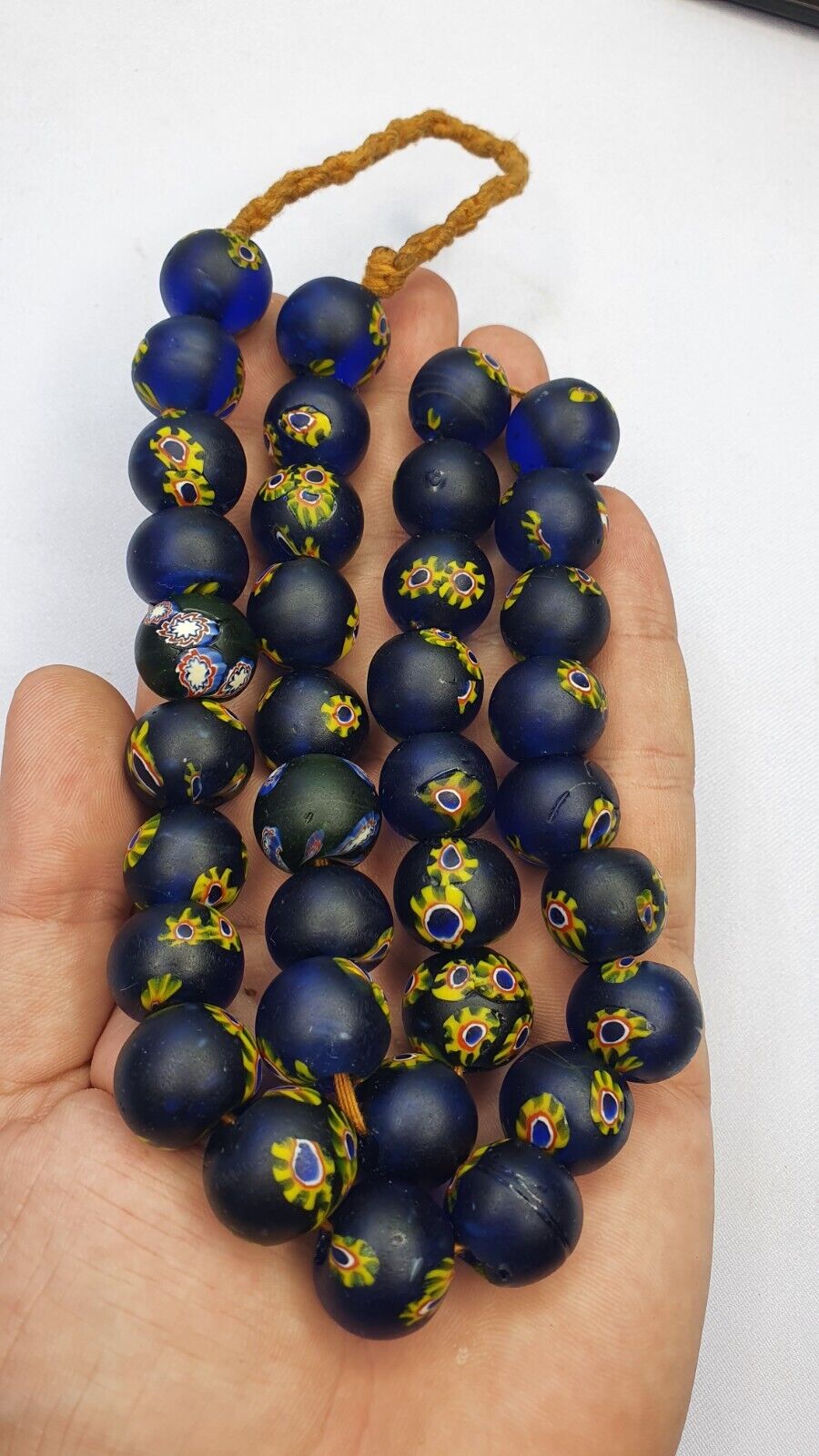 Vintage Antique Blue cobalt yellow flowers African trade Glass Beads Necklace