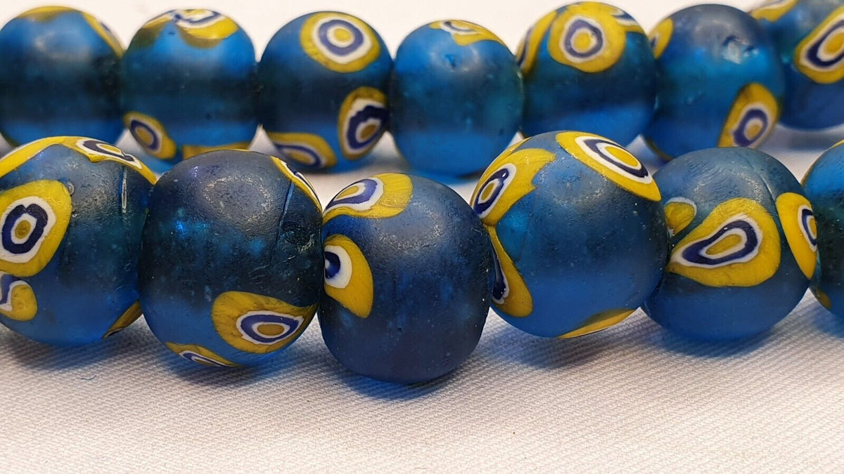 Vintage Antique light Blue yellow Eyes African trade Glass Beads Necklace