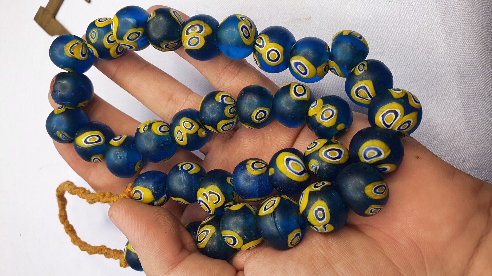 Vintage Antique light Blue yellow Eyes African trade Glass Beads Necklace