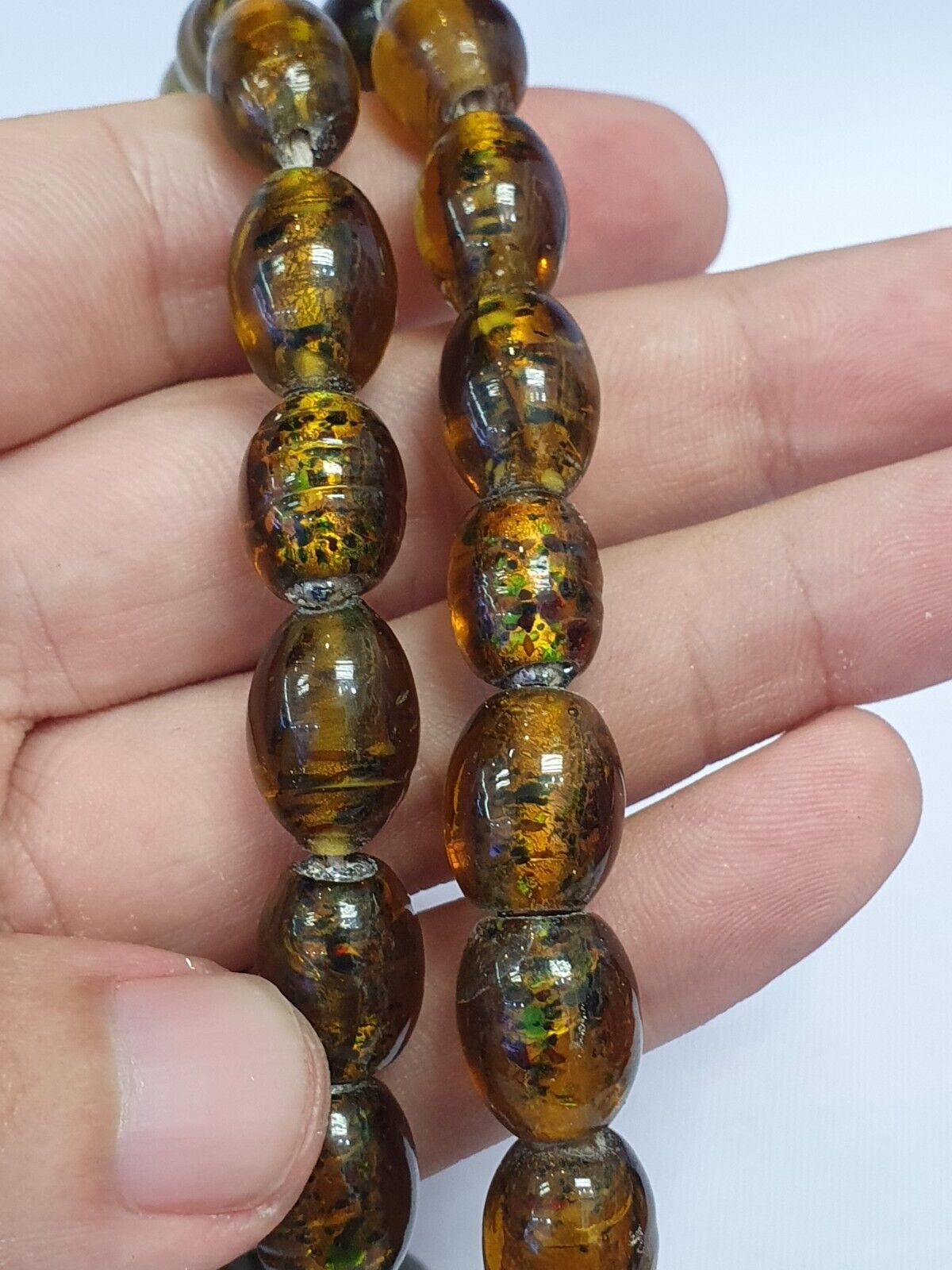 Vintage  glass beads AMBER Yellows fancy trade Beads 12x14MM long STRAND
