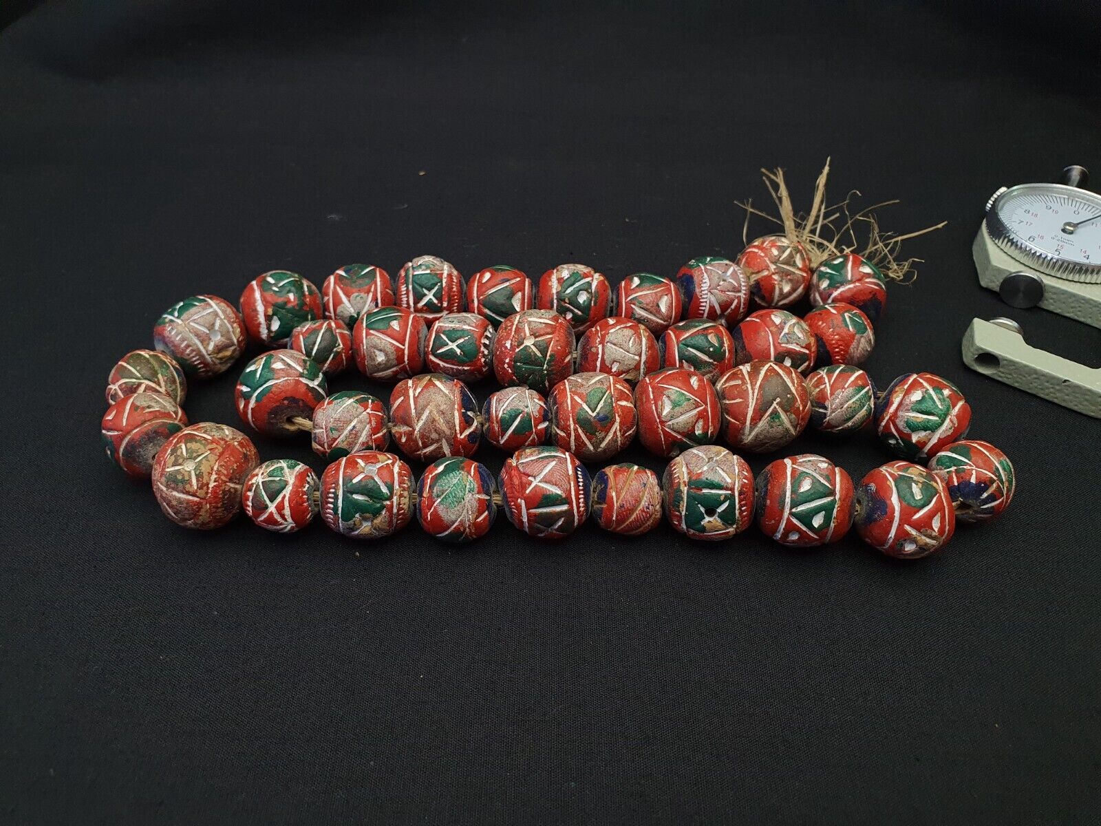 Old Vintage Indo Nepal Clay Beads long Strand hand painted Clay beads