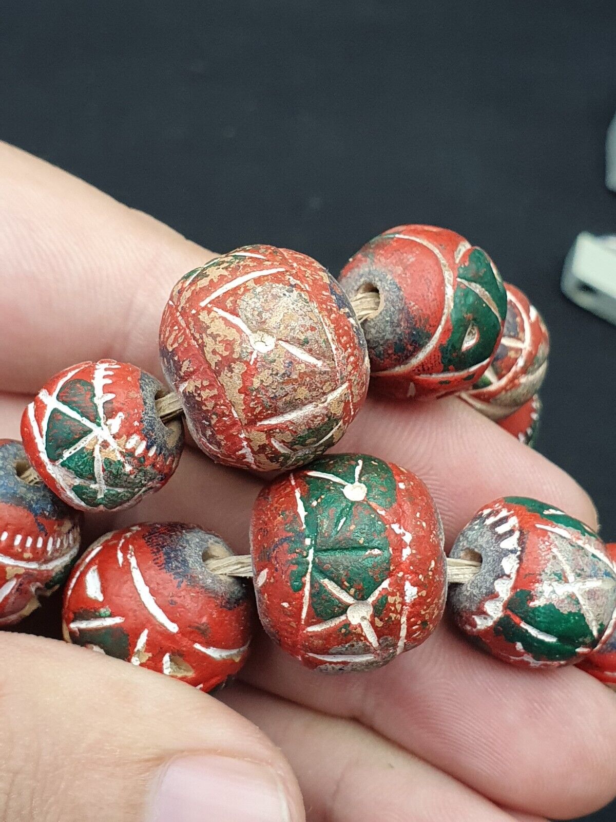 Old Vintage Indo Nepal Clay Beads long Strand hand painted Clay beads