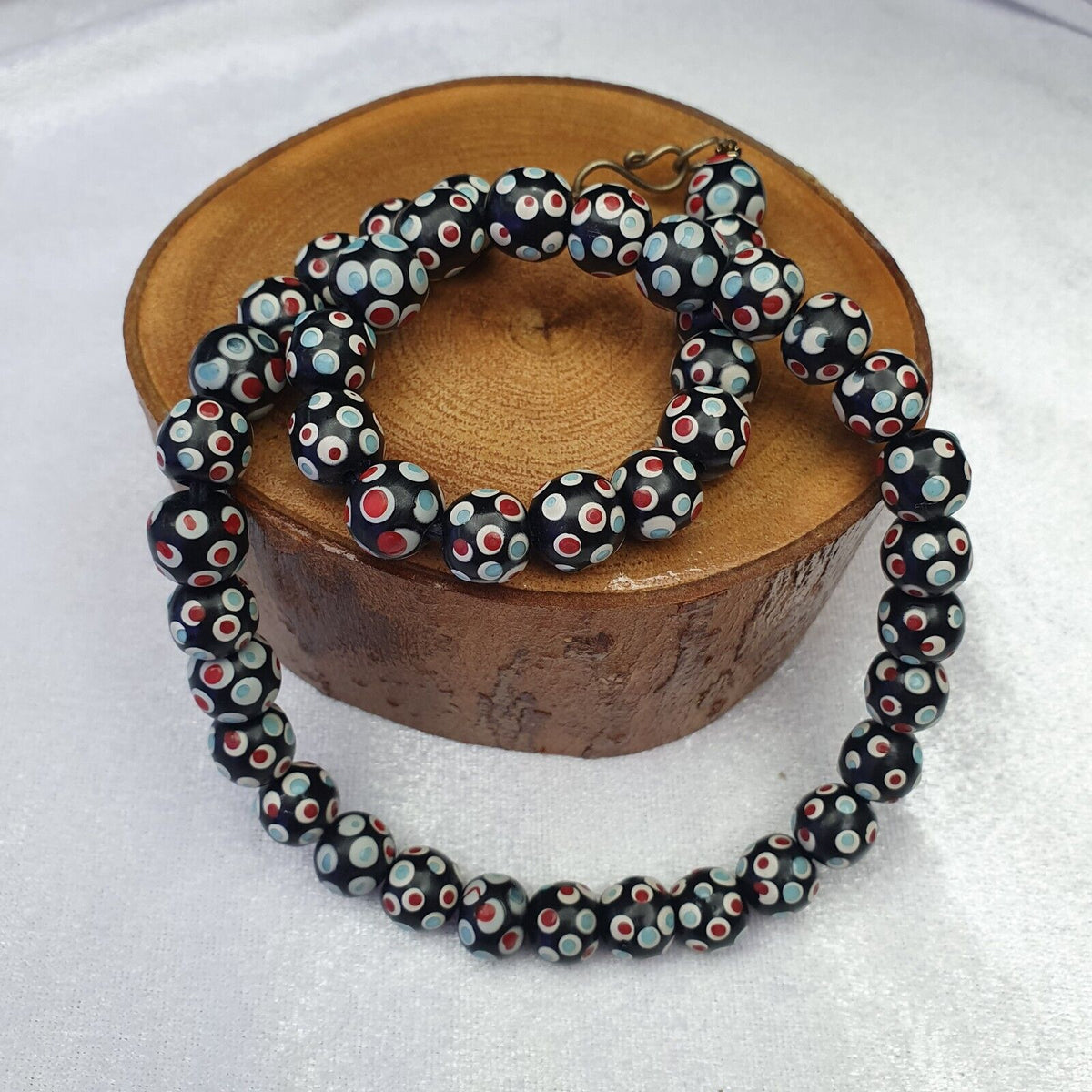 Black Venetian Hundred  eyes Red Skunk Style Beads Necklace11.5mm & 20" long