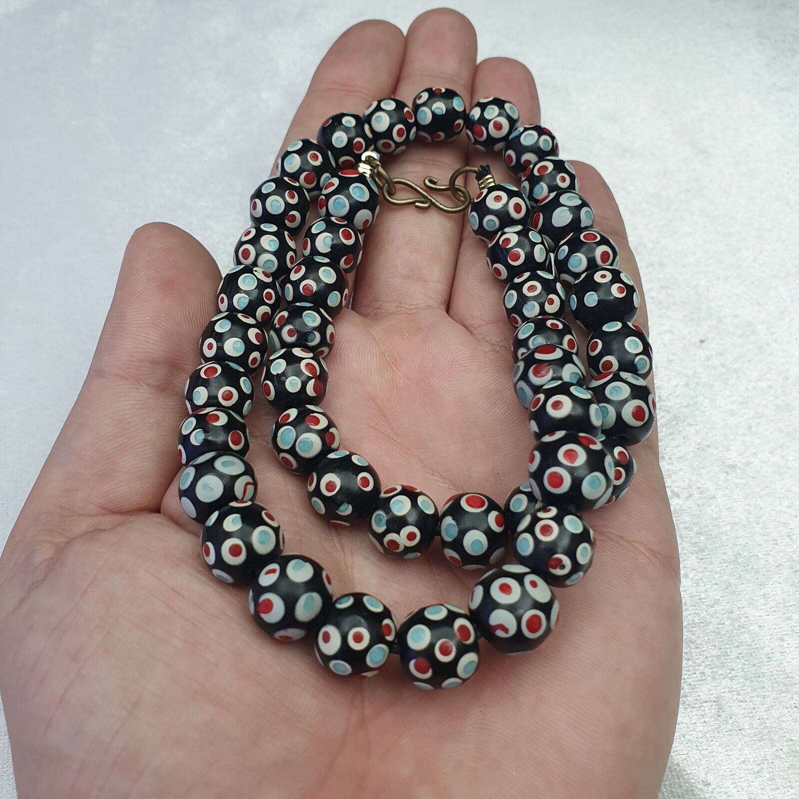 Black Venetian Hundred  eyes Red Skunk Style Beads Necklace11.5mm & 20" long