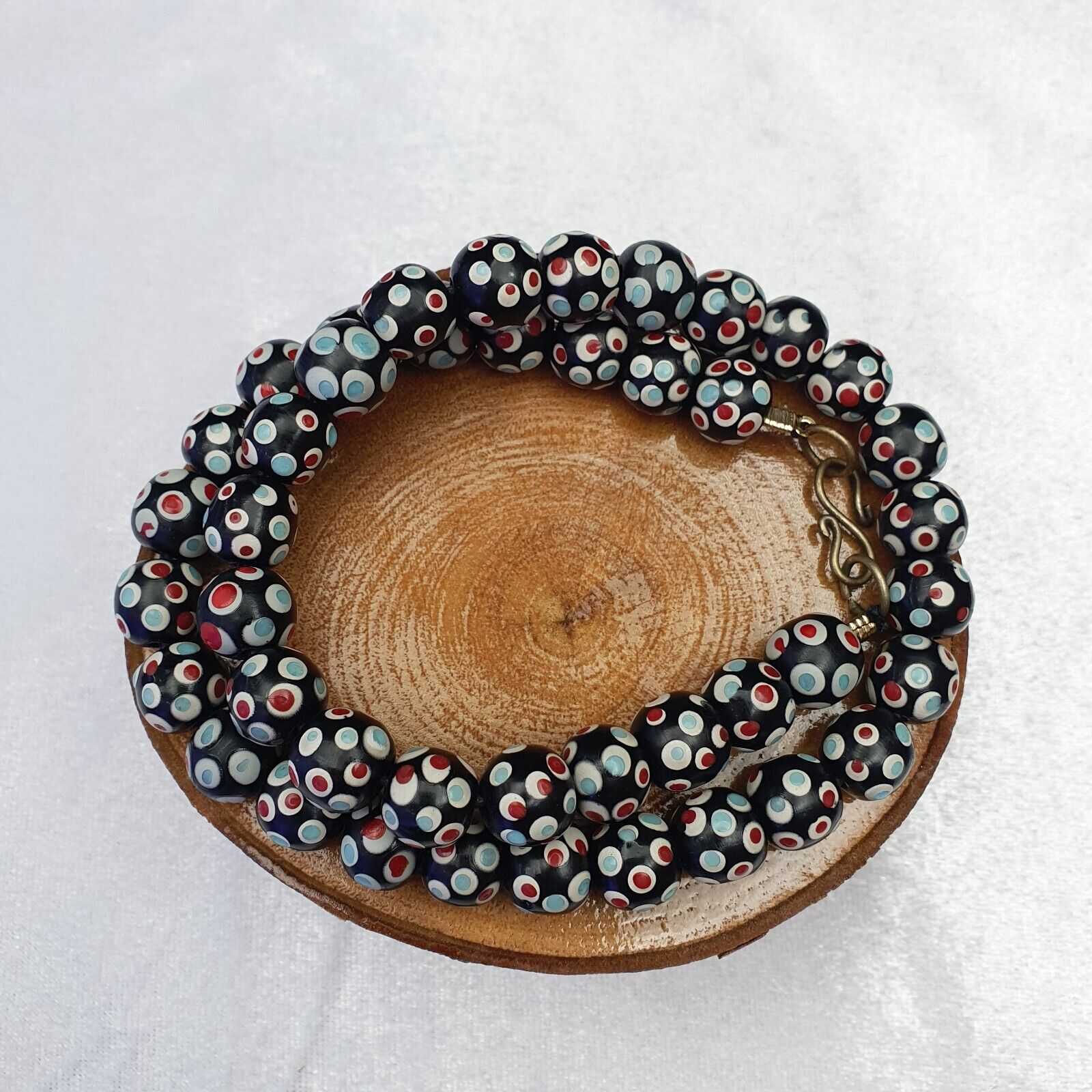 Black Venetian Hundred  eyes Red Skunk Style Beads Necklace11.5mm & 20" long