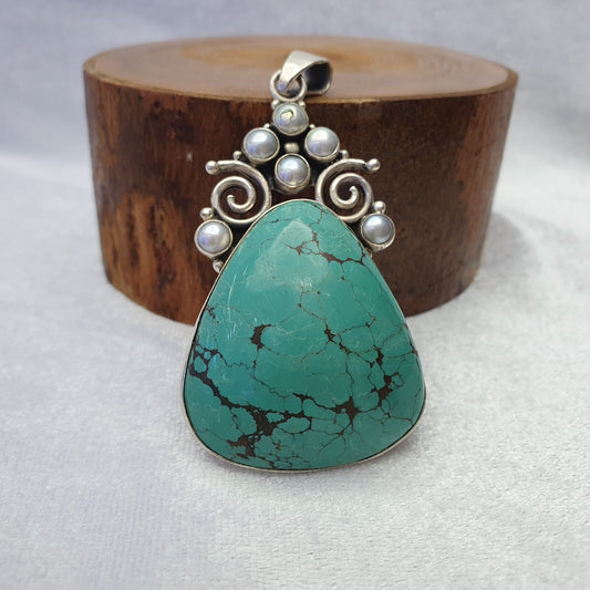 Big Men's 925 Sterling Silver Turquoise with Pearls Necklace Pendant 31.1 Grams