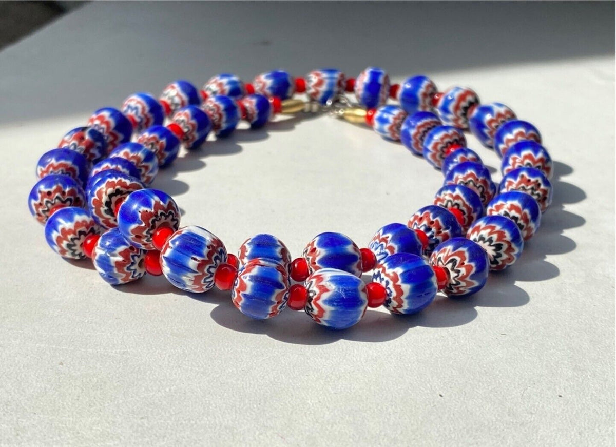 Tiny Blue Chevrons and White Heart venetian Beads African COLLECTION Necklace