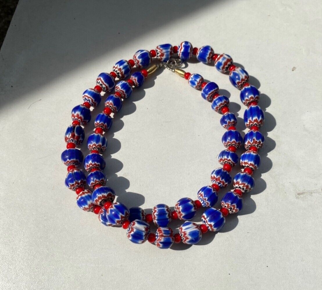 Tiny Blue Chevrons and White Heart venetian Beads African COLLECTION Necklace
