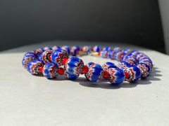Tiny Blue Chevrons and White Heart venetian Beads African COLLECTION Necklace