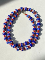 Tiny Blue Chevrons and White Heart venetian Beads African COLLECTION Necklace