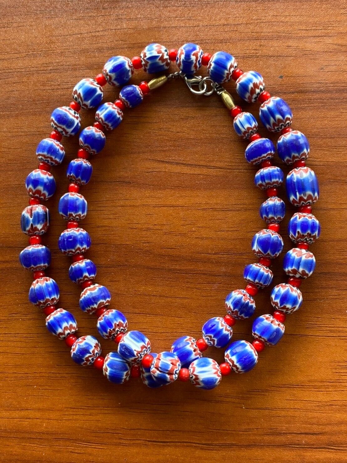 Tiny Blue Chevrons and White Heart venetian Beads African COLLECTION Necklace