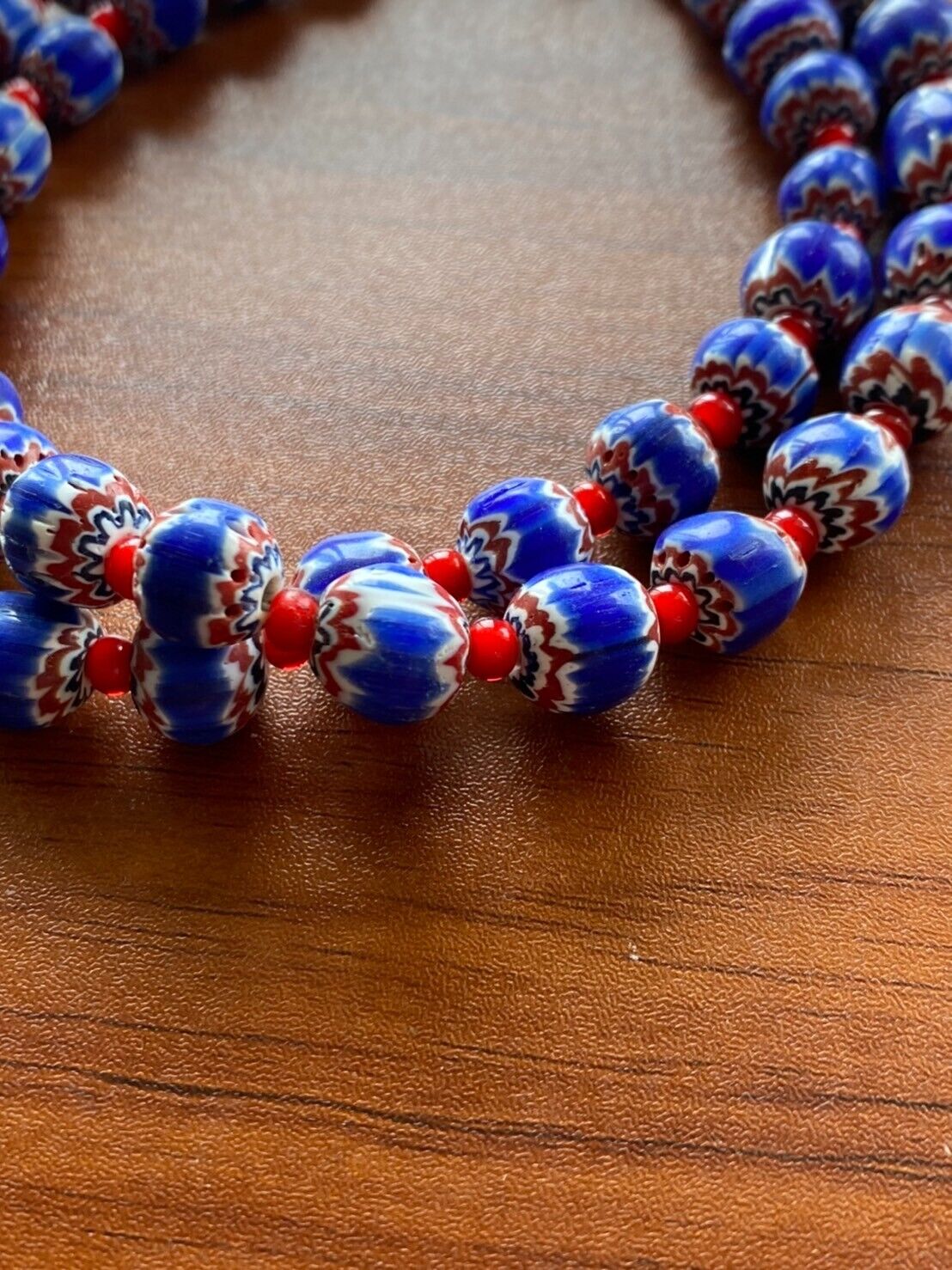 Tiny Blue Chevrons and White Heart venetian Beads African COLLECTION Necklace