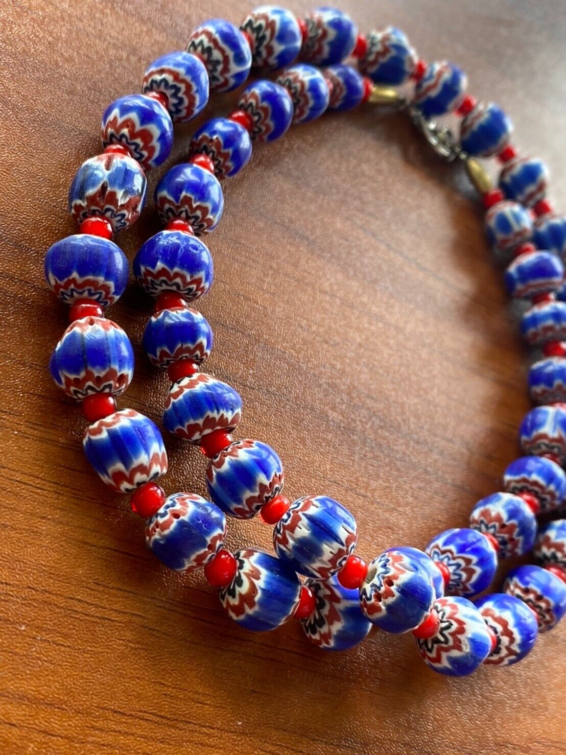 Tiny Blue Chevrons and White Heart venetian Beads African COLLECTION Necklace