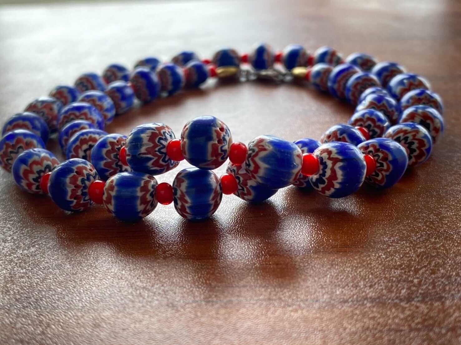 Tiny Blue Chevrons and White Heart venetian Beads African COLLECTION Necklace