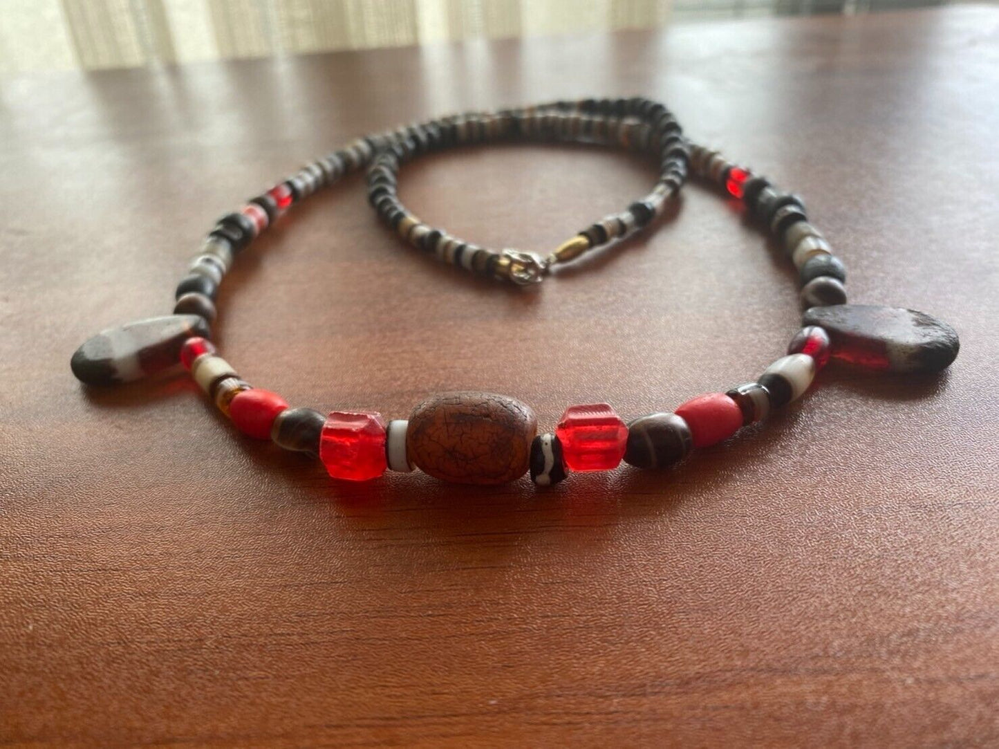 古代老天珠帶狀瑪瑙琥珀和玻璃珠古董珠項鍊瑪拉