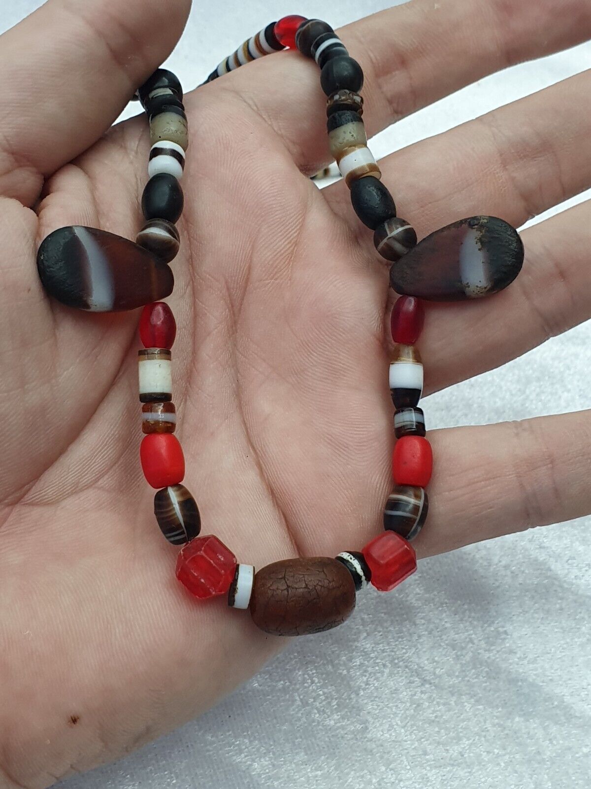 古代老天珠帶狀瑪瑙琥珀和玻璃珠古董珠項鍊瑪拉