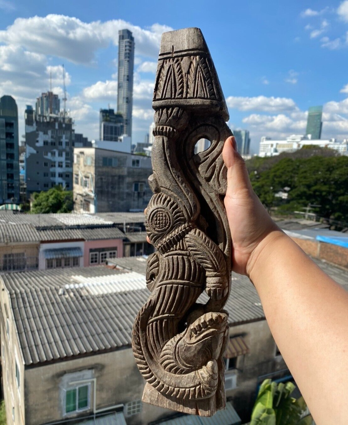 仿古木雕牆壁支架牛腿中國龍獅子 16 英寸