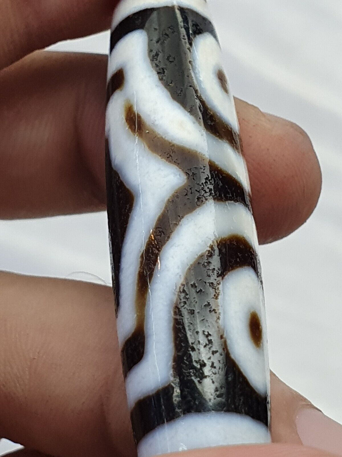 Himalaya Indo Tibetan 3 Augen seltene Muster Dzi Chung Dzi Amulett Perle 60 mm lang