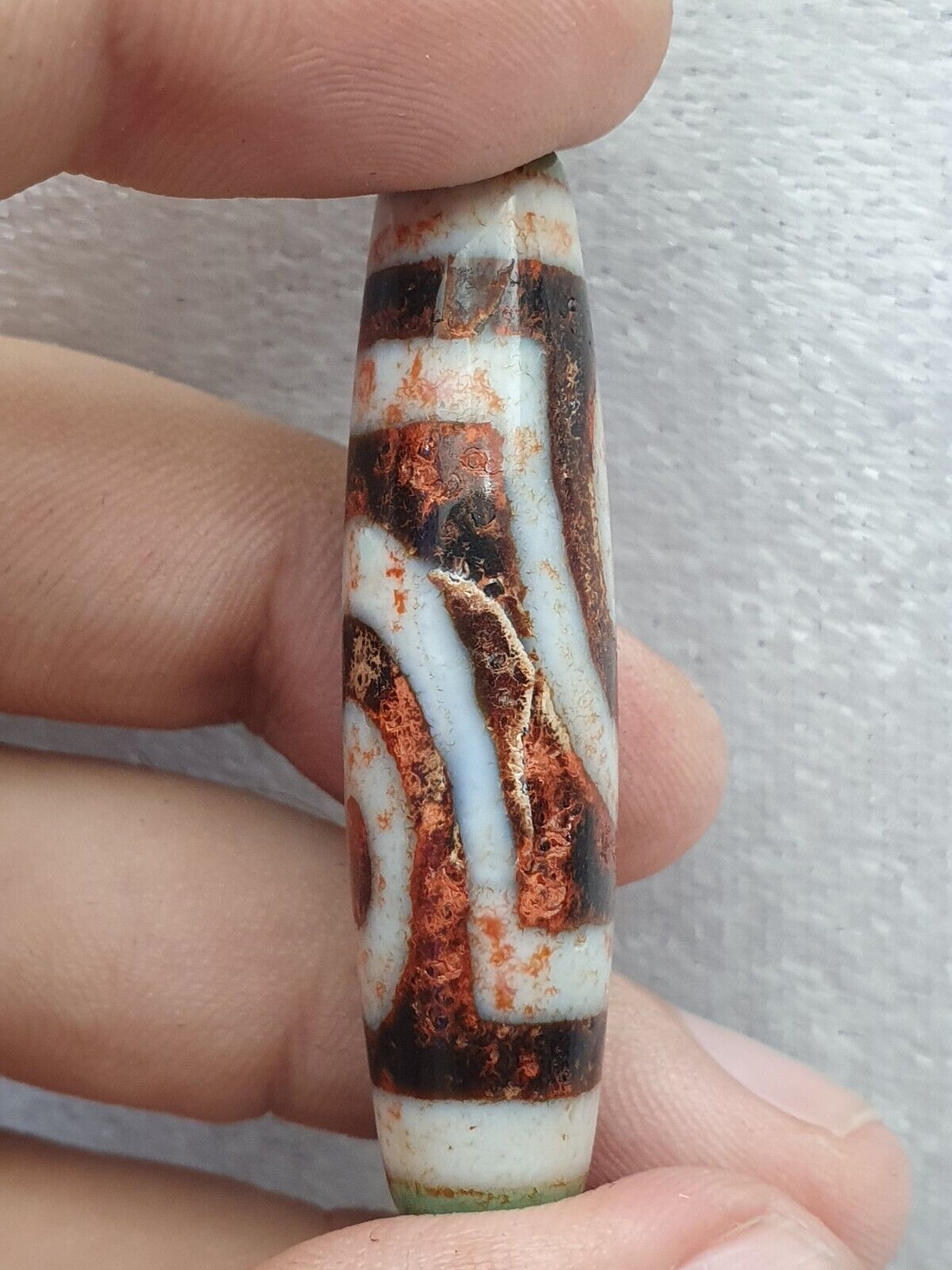 Himalaya Indo Tibetan 2 Augen verrostete einzigartige Muster Dzi Amulett Perle