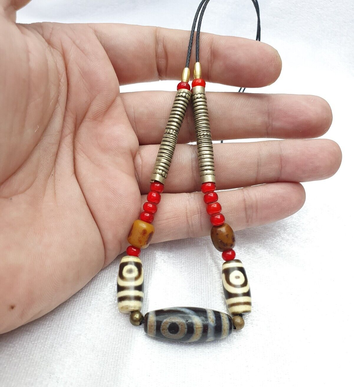 Himalaya Indo Tibetan 2 Augen 3 Perlen einzigartige Muster Dzi Amulett Perlen Halskette
