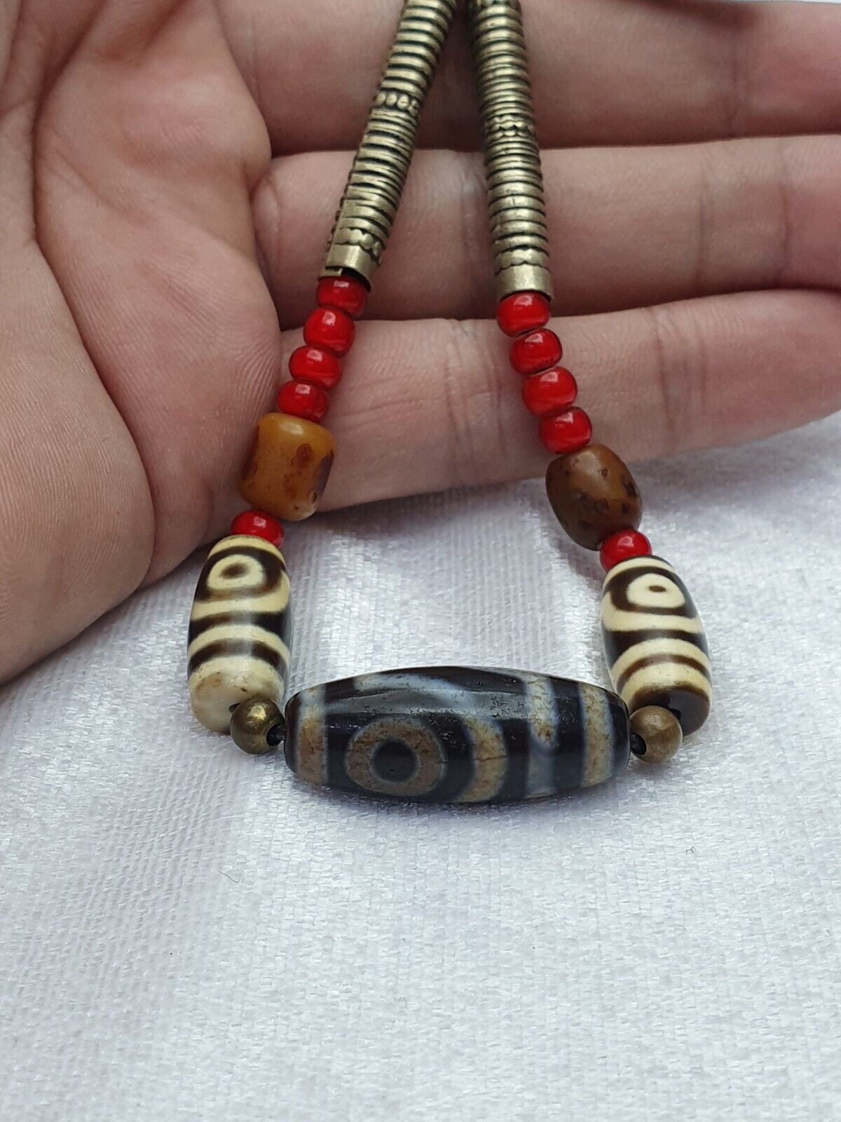 Himalaya Indo Tibetan 2 Augen 3 Perlen einzigartige Muster Dzi Amulett Perlen Halskette
