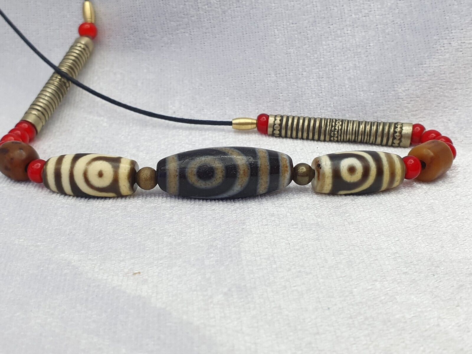 Himalaya Indo Tibetan 2 Augen 3 Perlen einzigartige Muster Dzi Amulett Perlen Halskette