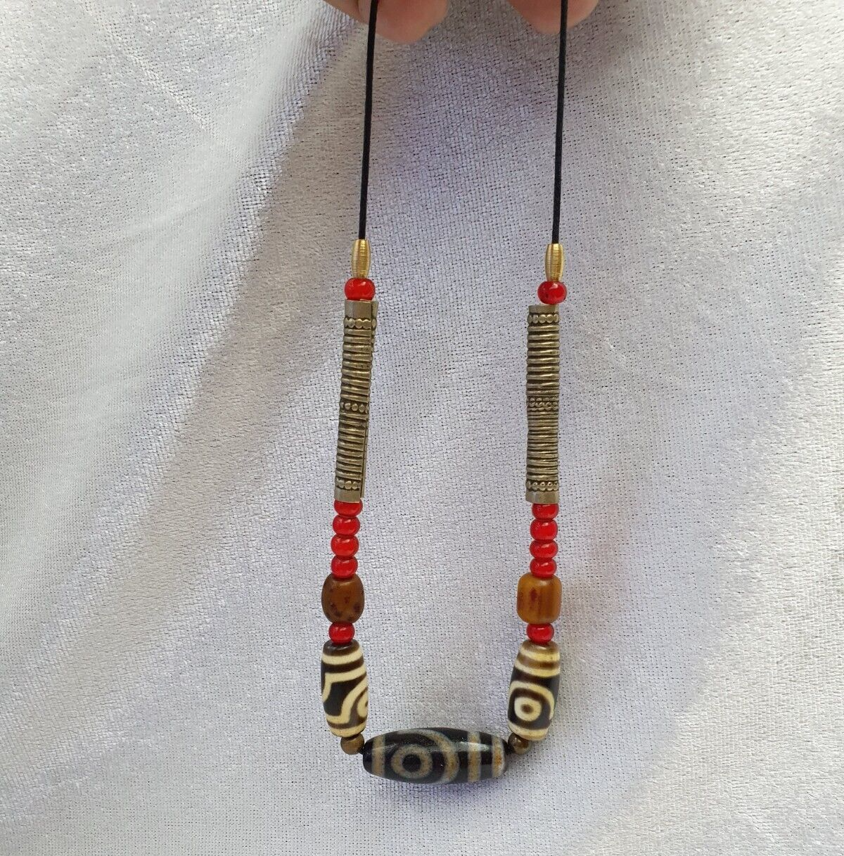 Himalaya Indo Tibetan 2 Augen 3 Perlen einzigartige Muster Dzi Amulett Perlen Halskette