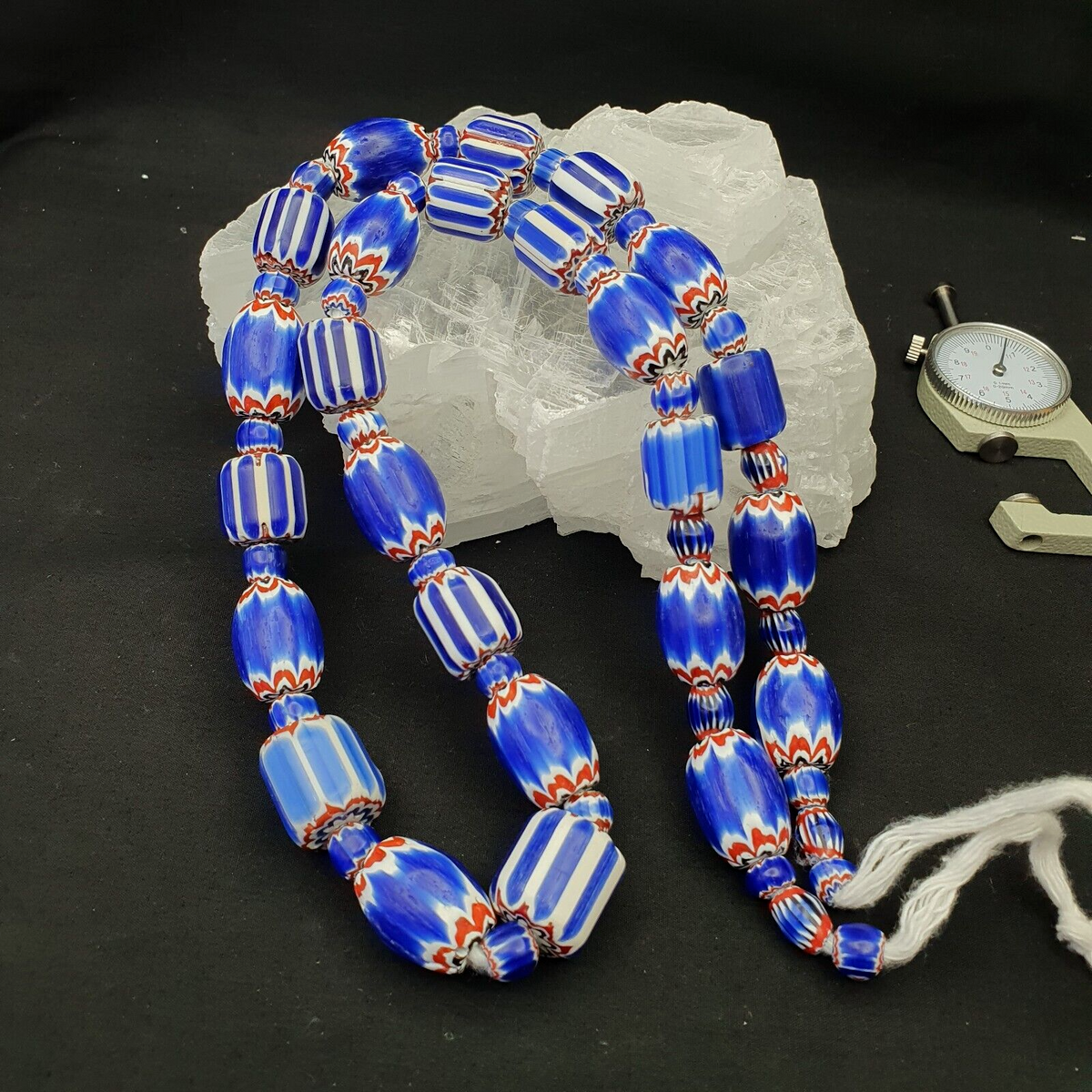 Antique Venetian Trade African Blue Glass Chevron Beads Big Size Long Strand