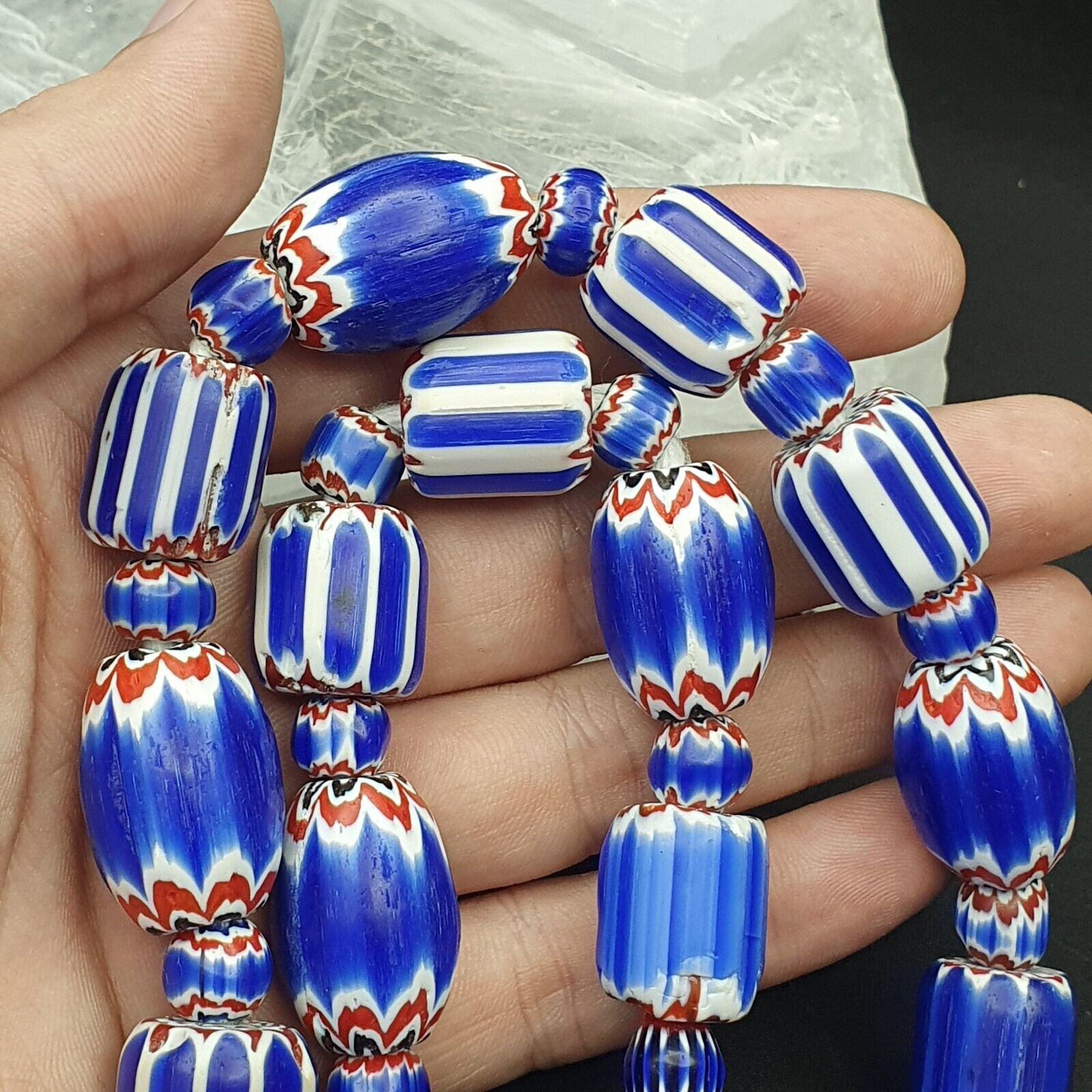 Antique Venetian Trade African Blue Glass Chevron Beads Big Size Long Strand