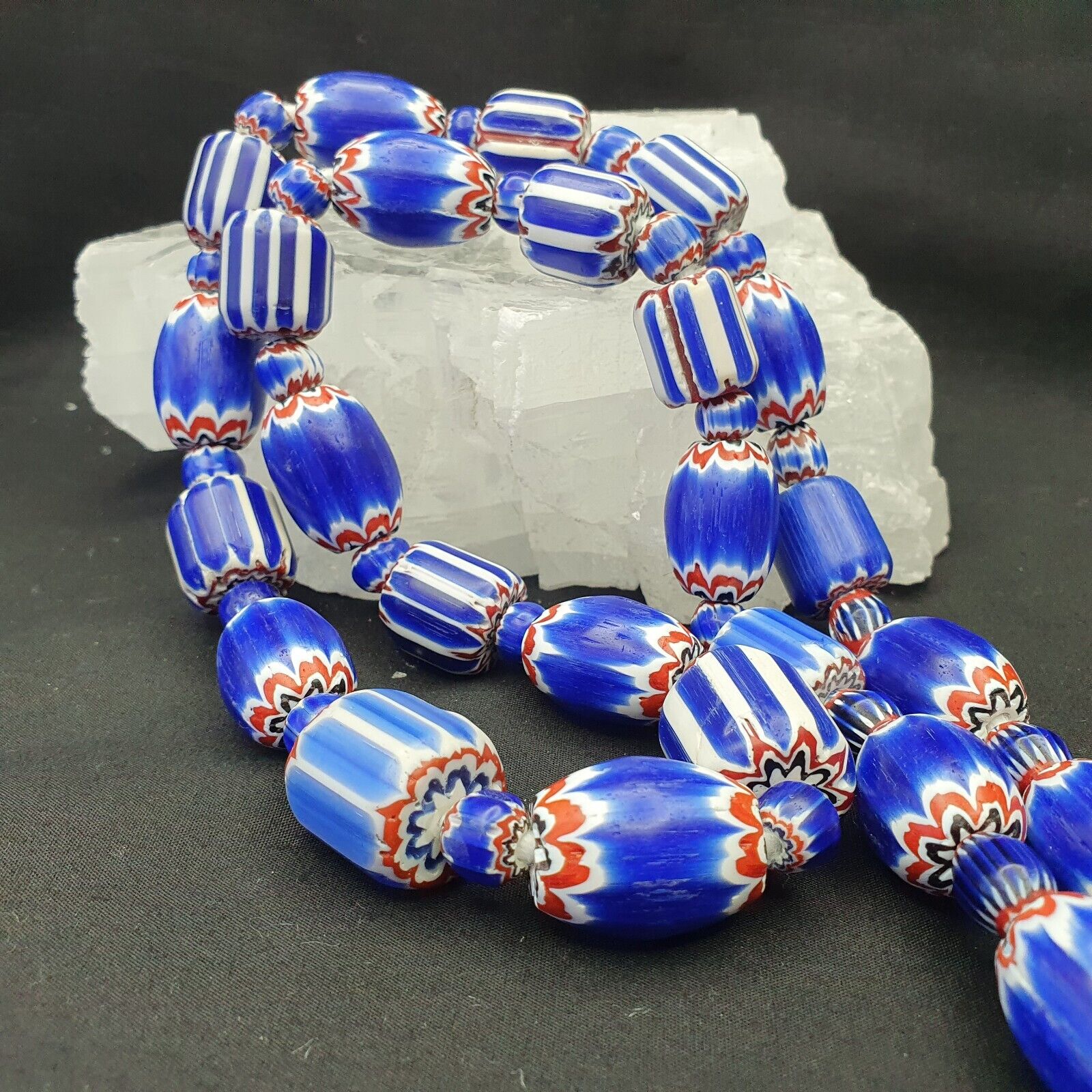 Antique Venetian Trade African Blue Glass Chevron Beads Big Size Long Strand