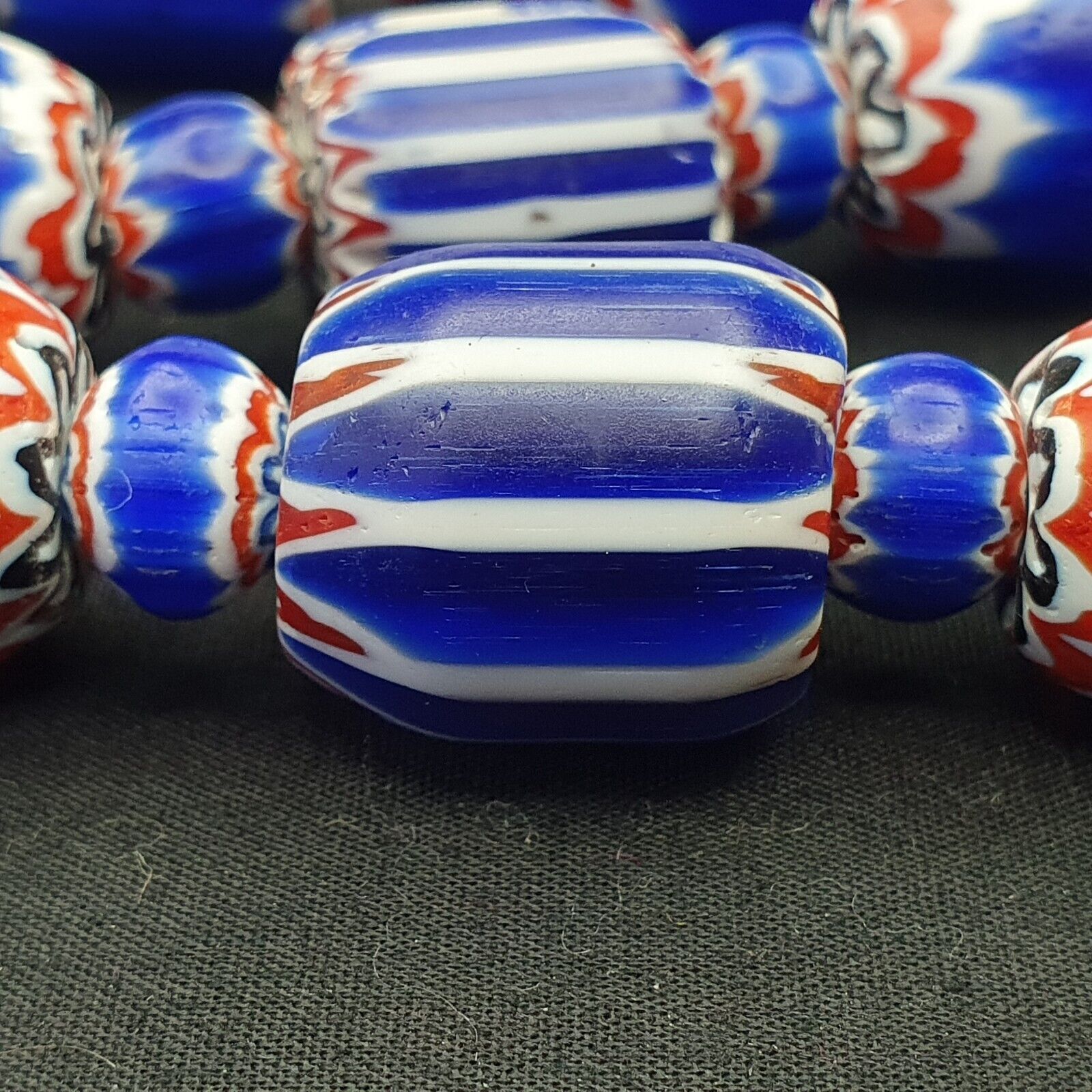 Antique Venetian Trade African Blue Glass Chevron Beads Big Size Long Strand