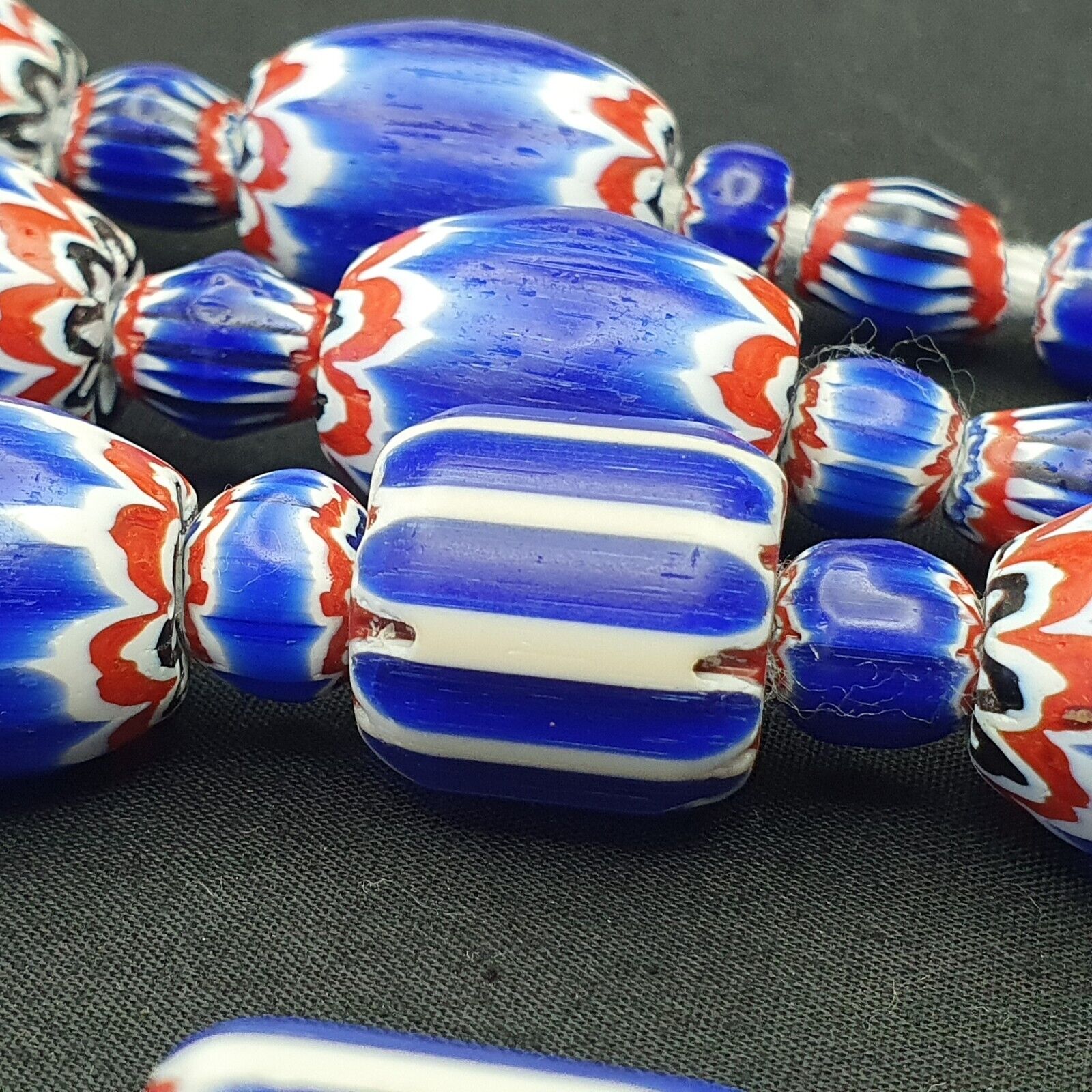 Antique Venetian Trade African Blue Glass Chevron Beads Big Size Long Strand