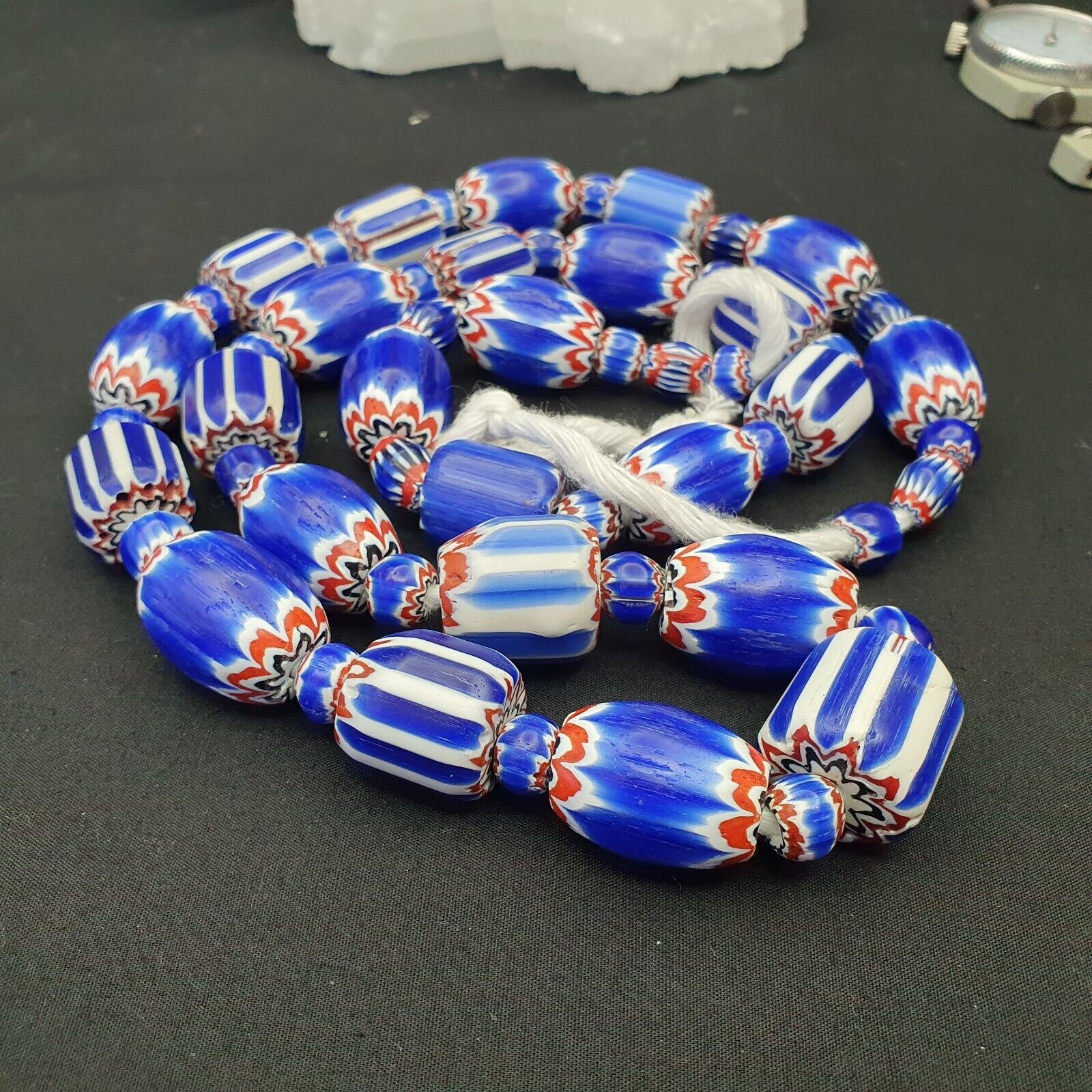Antique Venetian Trade African Blue Glass Chevron Beads Big Size Long Strand