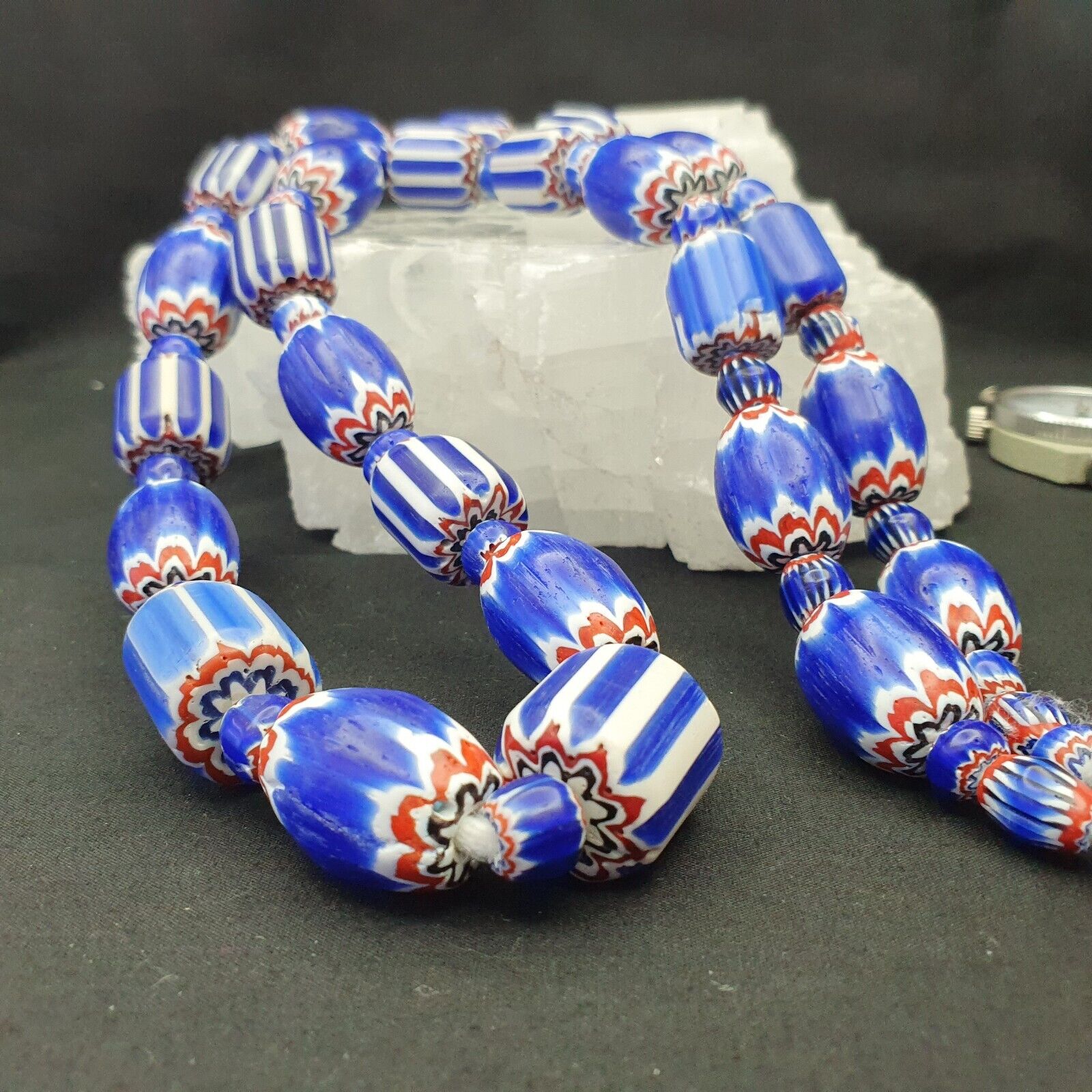 Antique Venetian Trade African Blue Glass Chevron Beads Big Size Long Strand