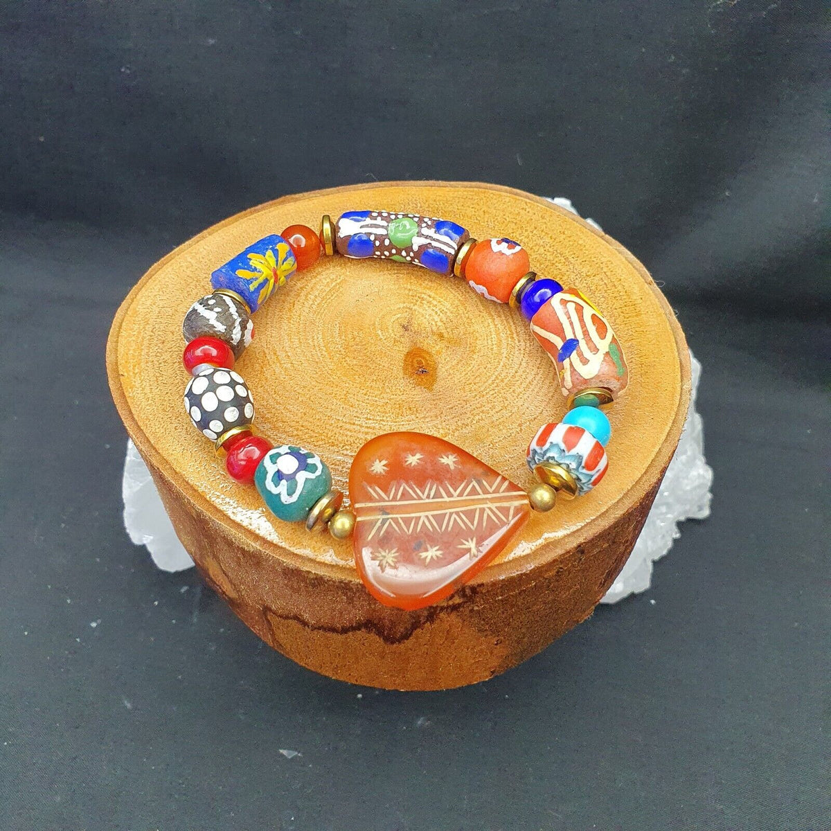 Vintage African Glass Beads with Heart Shape Carved Carnelian Bracelet