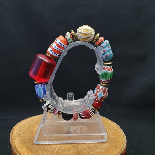 Vintage African chevron glass beads with old big RED Glass bead Bracelet