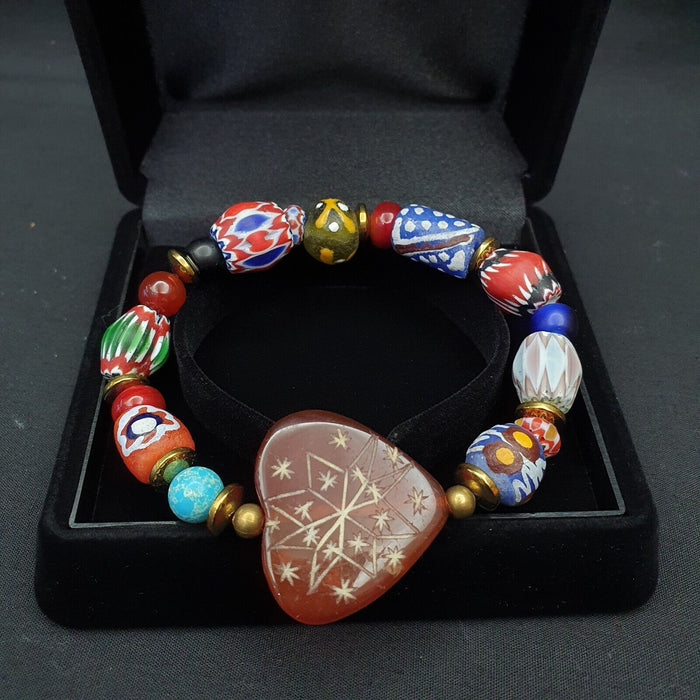 Vintage African Chevron Glass Beads with Heart Shape Carving Carnelian Bracelet