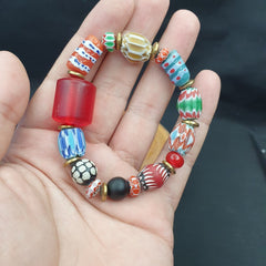Chevron glass beads with old big RED Glass bead Bracelet