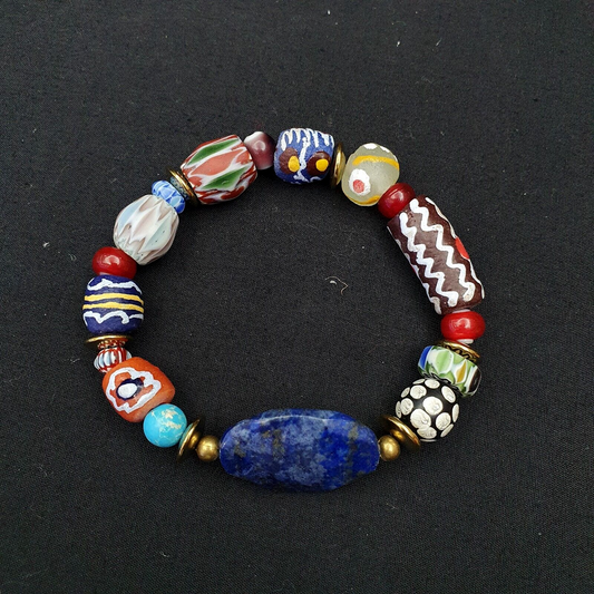 Vintage African Beads Collection Glass beads with Natural Lapis Lazuli Bracelet
