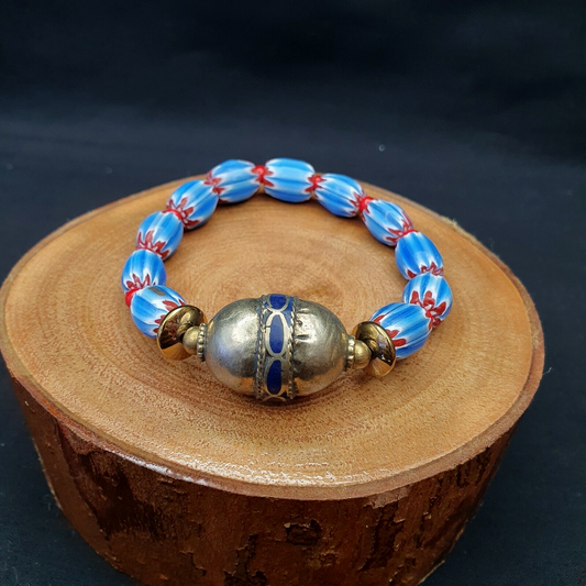 Vintage blue chevron African Glass beads with Beautiful Afghan old bead Bracelet