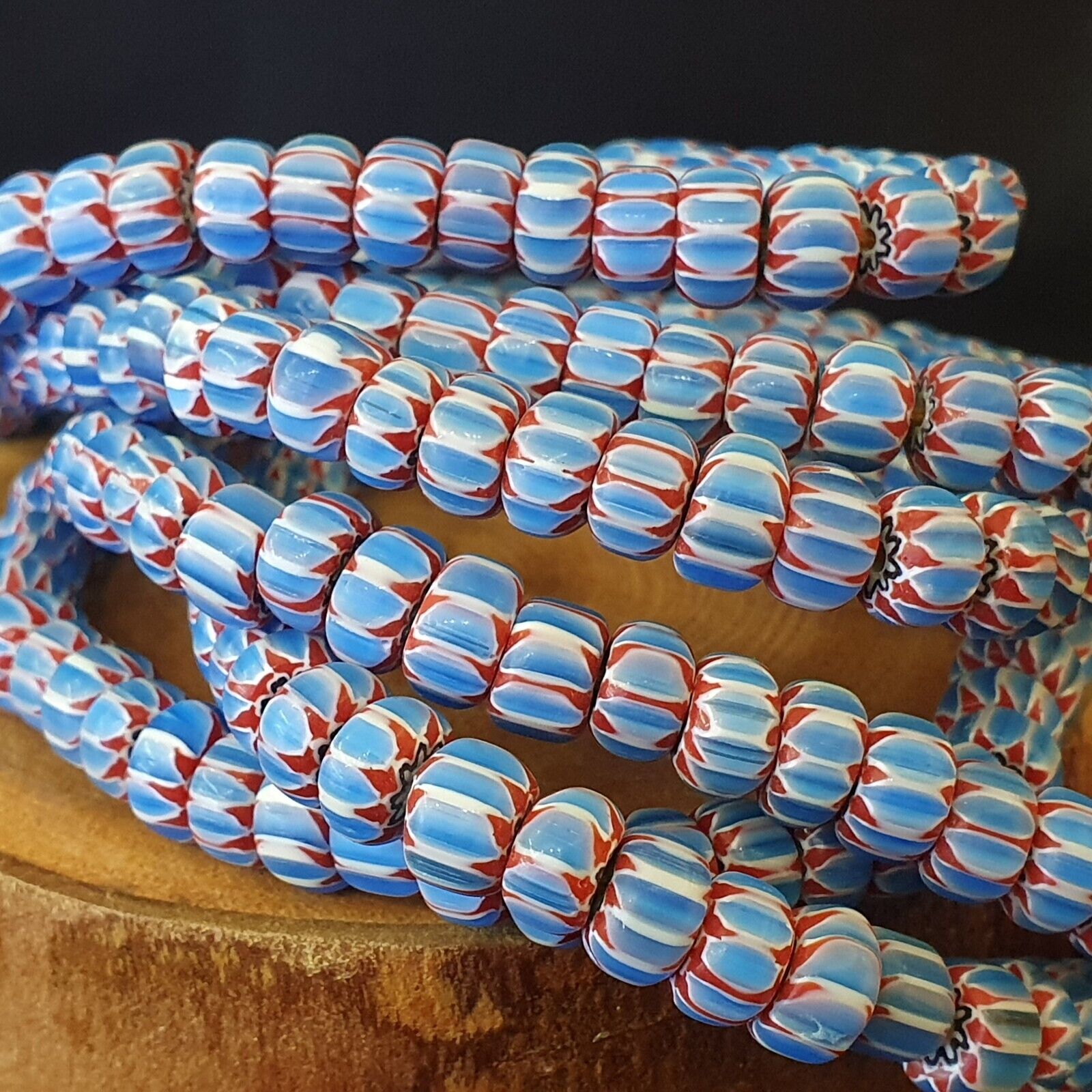 Vintage Venetian African Blue Glass Chevron 9mm Beads Long Strand